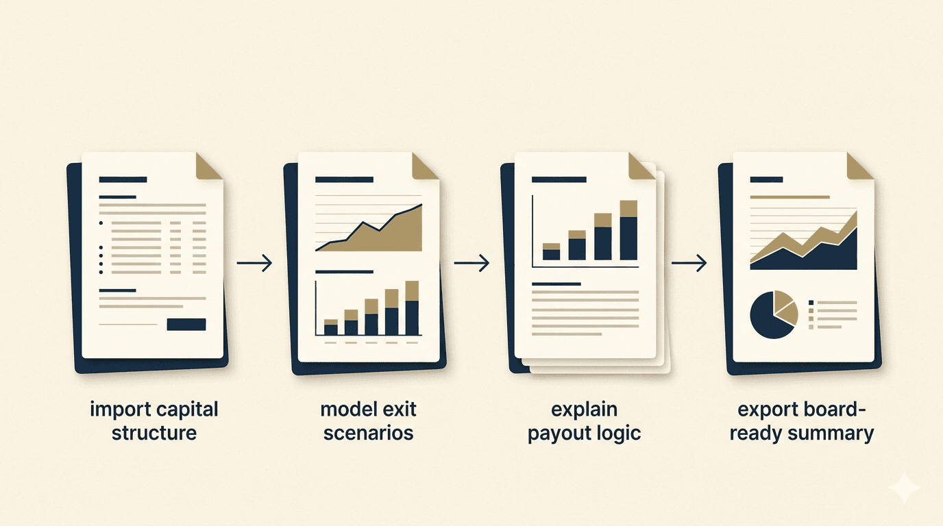 展示导入资本结构、推演退出场景、解释结果并导出摘要的流程图